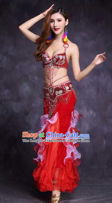India Female Oriental Dance Clothing High Indian Belly Dance Stage Performance Diamante Red Bra Outfits