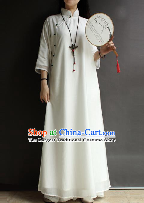 China Traditional Stand Collar Qipao Dress National Women Zen Clothing Classical White Cheongsam