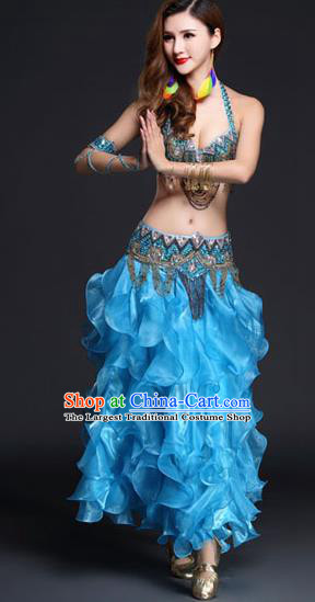 Indian Traditional Belly Dance Competition Beads Tassel Bra and Blue Skirt Outfits Asian India Oriental Dance Clothing