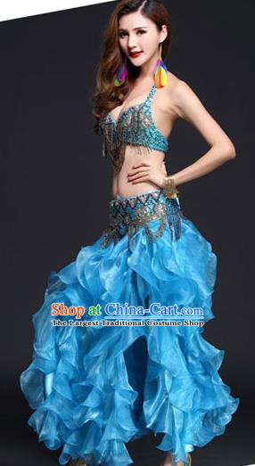 Indian Traditional Belly Dance Competition Beads Tassel Bra and Blue Skirt Outfits Asian India Oriental Dance Clothing