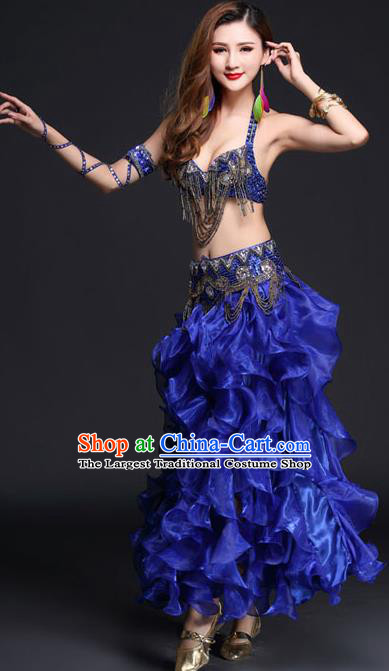 Asian India Dance Stage Performance Clothing Indian Traditional Belly Dance Beads Tassel Bra and Royalblue Skirt Outfits