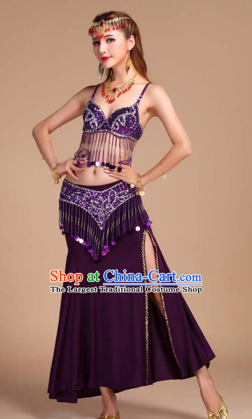 Indian Belly Dance Sequins Tassel Bra and Purple Skirt Uniforms Asian India Oriental Dance Competition Clothing