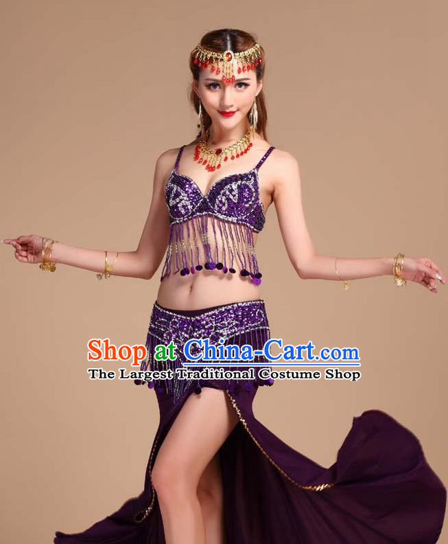 Indian Belly Dance Sequins Tassel Bra and Purple Skirt Uniforms Asian India Oriental Dance Competition Clothing