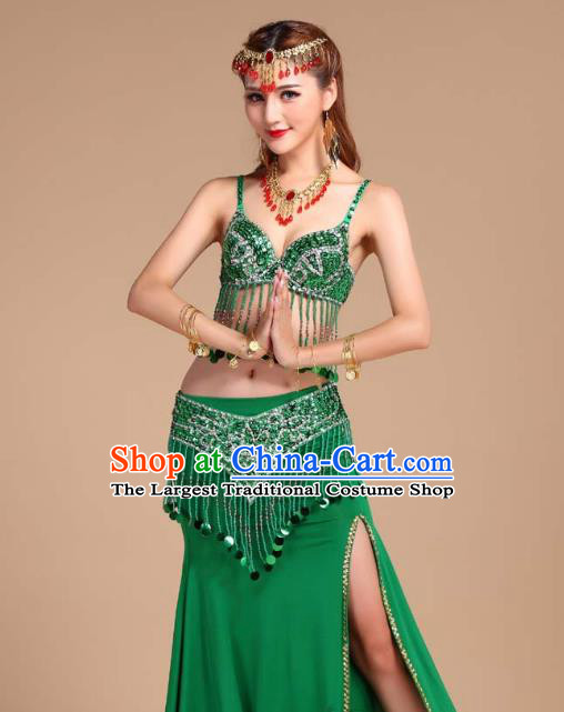 Asian India Raks Sharki Oriental Dance Competition Clothing Indian Belly Dance Sequins Tassel Bra and Green Skirt Uniforms