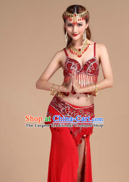 Indian Belly Dance Sequins Tassel Bra and Red Skirt Uniforms Asian India Raks Sharki Oriental Dance Clothing