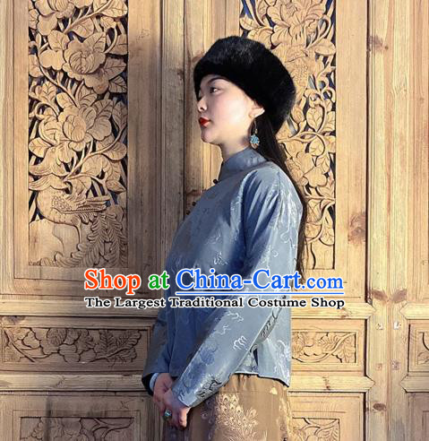 China National Women Clothing Tang Suit Grey Silk Shirt Classical Slant Opening Blouse