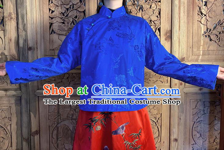 China Tang Suit Royalblue Silk Shirt Classical Slant Opening Blouse National Women Costume