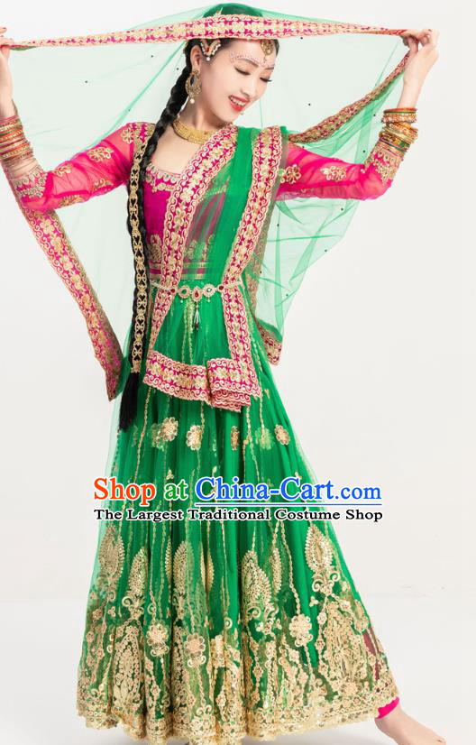Indian Bollywood Dance Green Anarkali Dress Asian India Stage Performance Embroidered Costumes