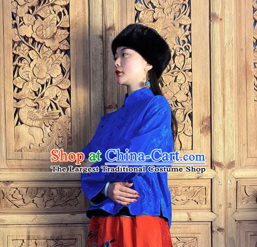 China Tang Suit Royalblue Silk Shirt Classical Slant Opening Blouse National Women Costume