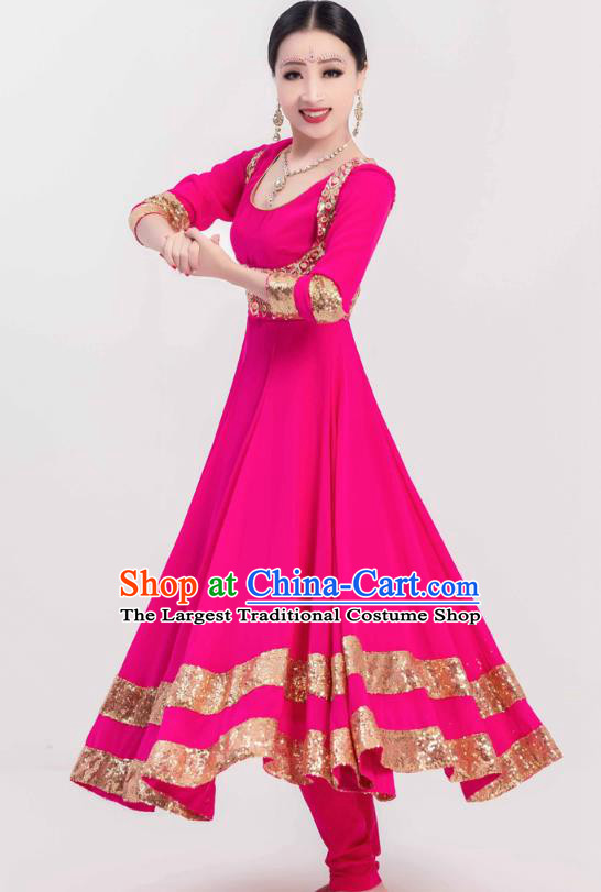 Indian Bollywood Performance Rosy Anarkali Dress and Vest Asian India Folk Dance Training Costumes