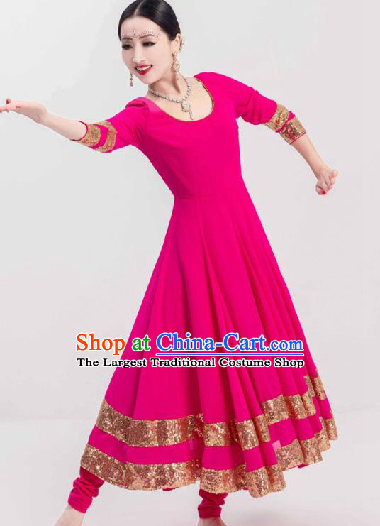 Indian Bollywood Performance Rosy Anarkali Dress and Vest Asian India Folk Dance Training Costumes