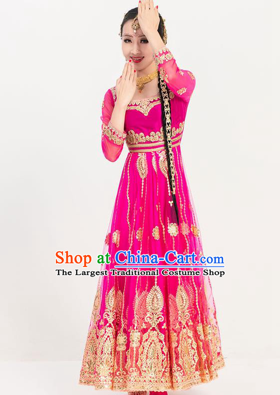 Asian India Court Princess Dance Costumes Indian Bollywood Performance Embroidered Rosy Anarkali Dress