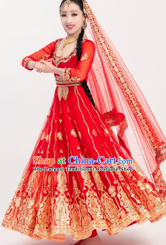Asian India Court Wedding Embroidered Costumes Indian Bollywood Performance Red Anarkali Dress