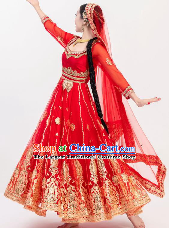 Asian India Court Wedding Embroidered Costumes Indian Bollywood Performance Red Anarkali Dress