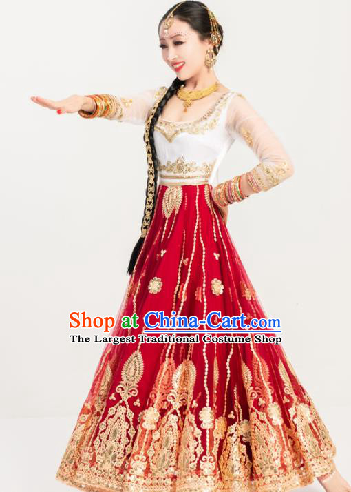 Indian Bollywood Performance Wine Red Anarkali Dress Asian India Folk Dance Embroidered Costumes