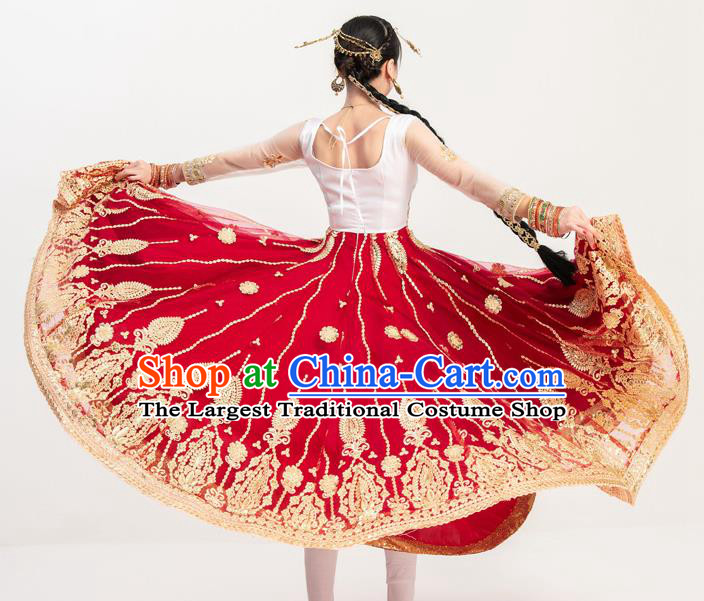 Indian Bollywood Performance Wine Red Anarkali Dress Asian India Folk Dance Embroidered Costumes