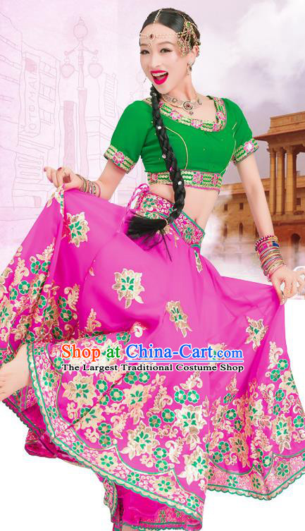 Asian India Dance Embroidered Anarkali Kurta Costumes Indian Bollywood Performance Green Blouse and Rosy Skirt