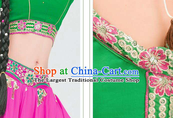 Asian India Dance Embroidered Anarkali Kurta Costumes Indian Bollywood Performance Green Blouse and Rosy Skirt