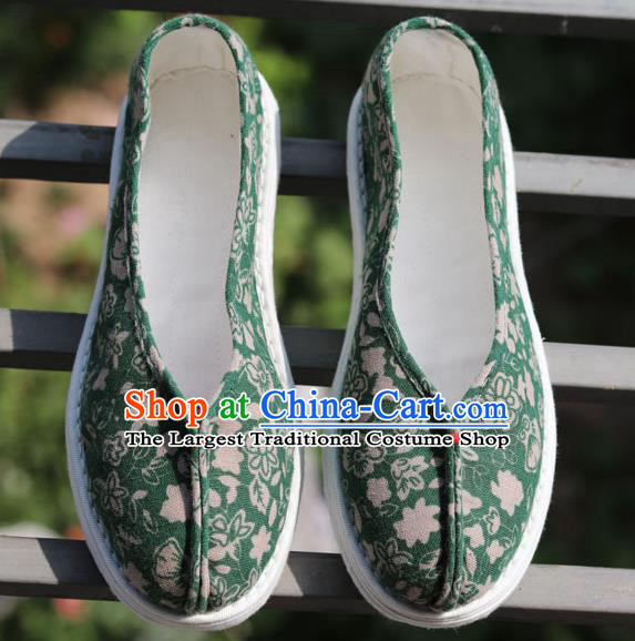 China National Country Woman Shoes Handmade Printing Flowers Green Flax Shoes
