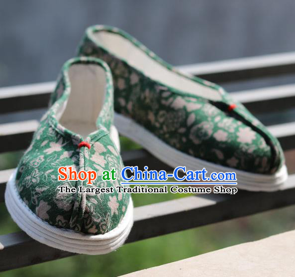 China National Country Woman Shoes Handmade Printing Flowers Green Flax Shoes