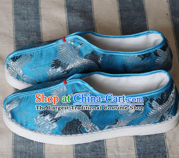 China Handmade Cloth Shoes National Woman Classical Cranes Pattern Blue Shoes