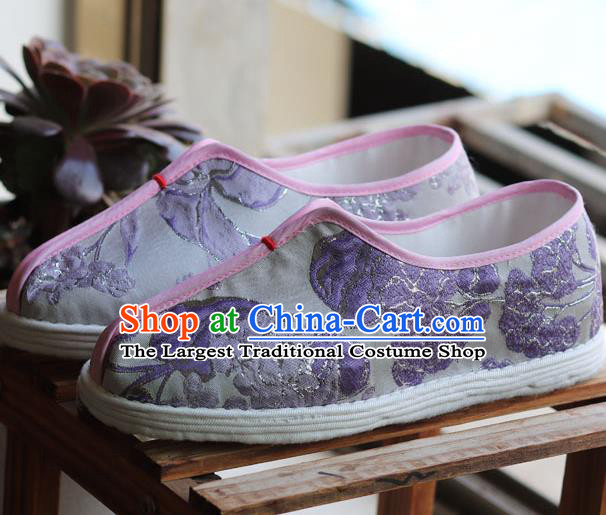 China National Folk Dance Shoes Handmade Multi Layered Lilac Cloth Shoes