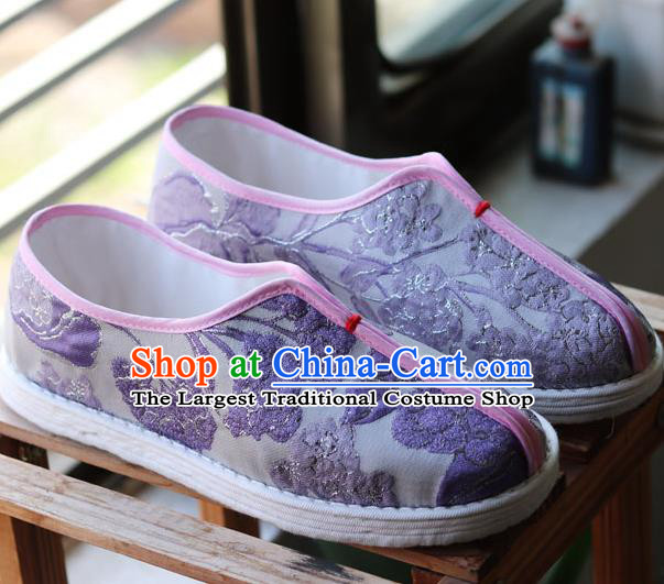 China National Folk Dance Shoes Handmade Multi Layered Lilac Cloth Shoes