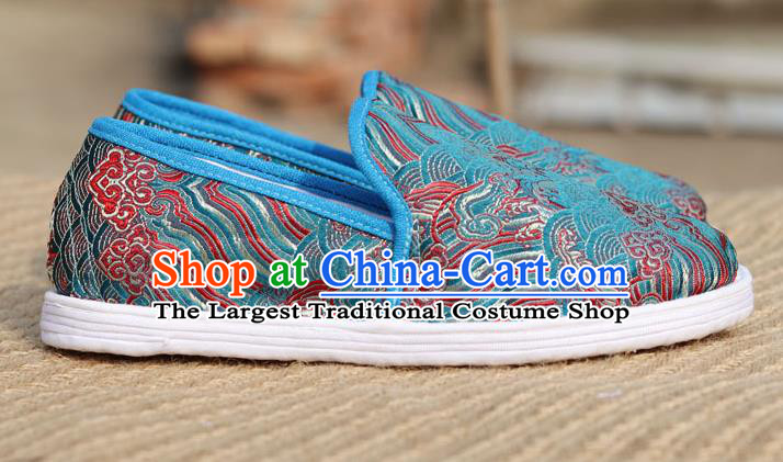 Chinese Handmade Shoes Traditional Martial Arts Shoes Classical Wave Pattern Blue Brocade Shoes