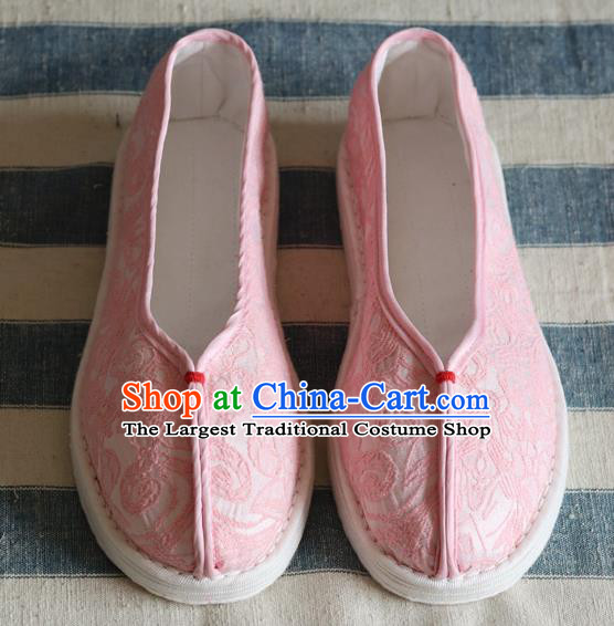 China Handmade Jacquard Pink Cloth Shoes National Woman Folk Dance Shoes