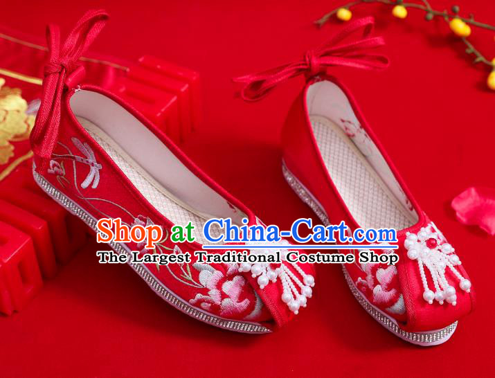 China Handmade Wedding Red Cloth Shoes National Embroidered Shoes Pearls Tassel Hanfu Shoes