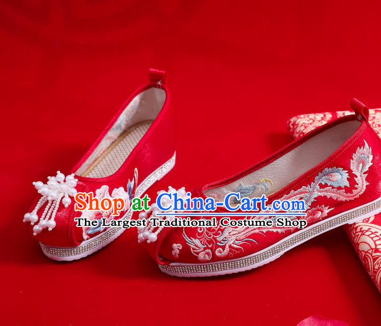 China National Embroidered Phoenix Shoes Pearls Tassel Hanfu Shoes Handmade Wedding Red Cloth Shoes