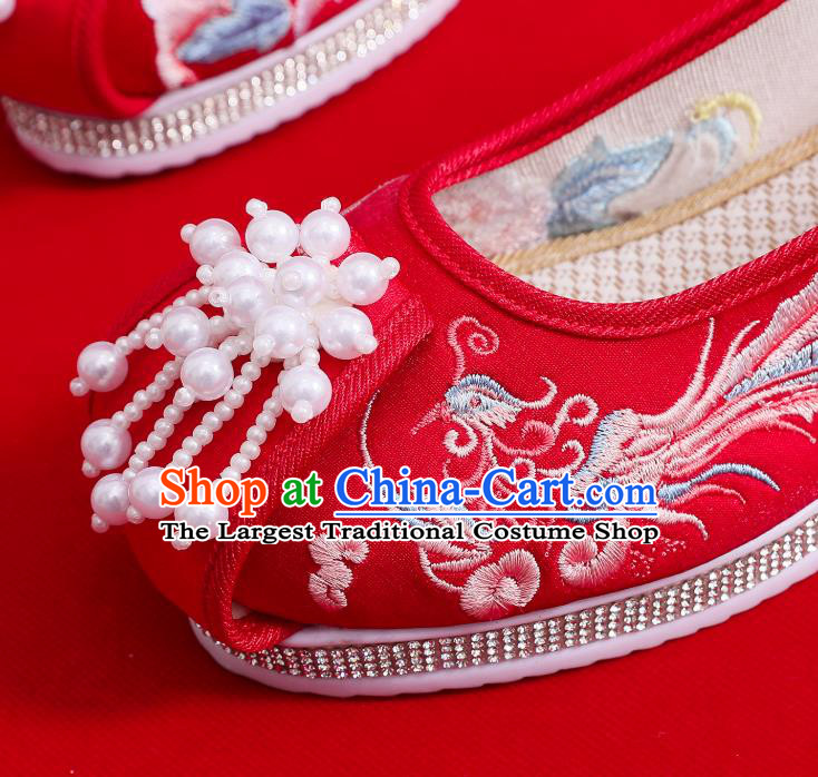 China National Embroidered Phoenix Shoes Pearls Tassel Hanfu Shoes Handmade Wedding Red Cloth Shoes
