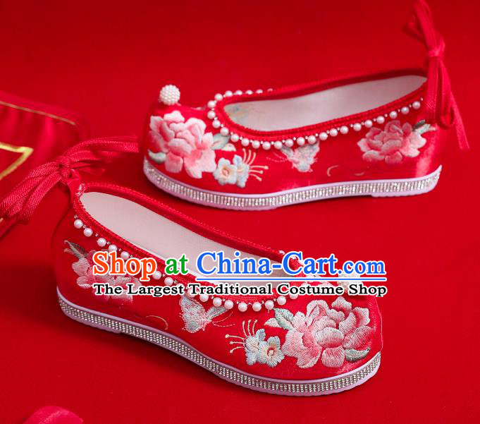 China Traditional Hanfu Pearls Shoes Handmade Wedding Red Satin Shoes National Embroidered Peony Shoes
