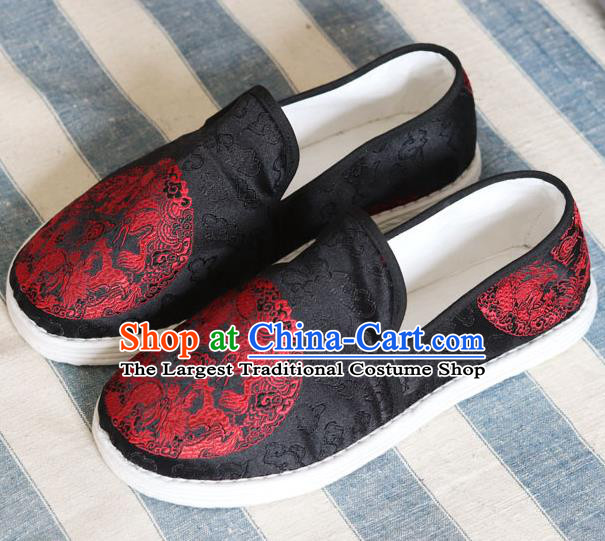 Chinese Traditional Martial Arts Black Satin Shoes Handmade Embroidered Dragons Shoes for Men