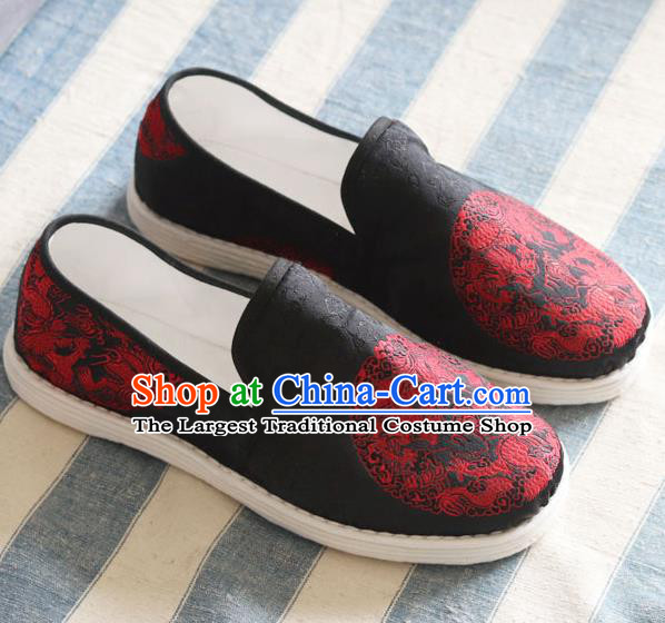 Chinese Traditional Martial Arts Black Satin Shoes Handmade Embroidered Dragons Shoes for Men