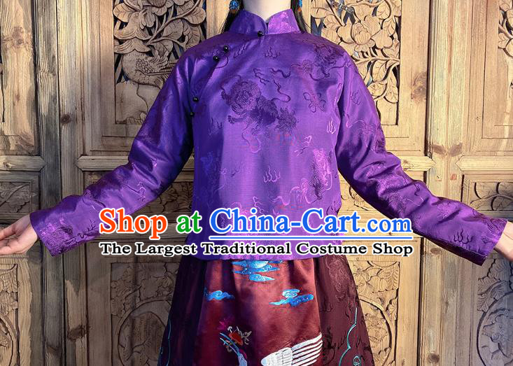 China Classical Peony Butterfly Pattern Purple Silk Blouse National Women Slant Opening Cheongsam Shirt