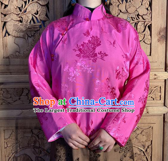 China National Women Slant Opening Cheongsam Shirt Classical Peony Butterfly Pattern Rosy Silk Blouse