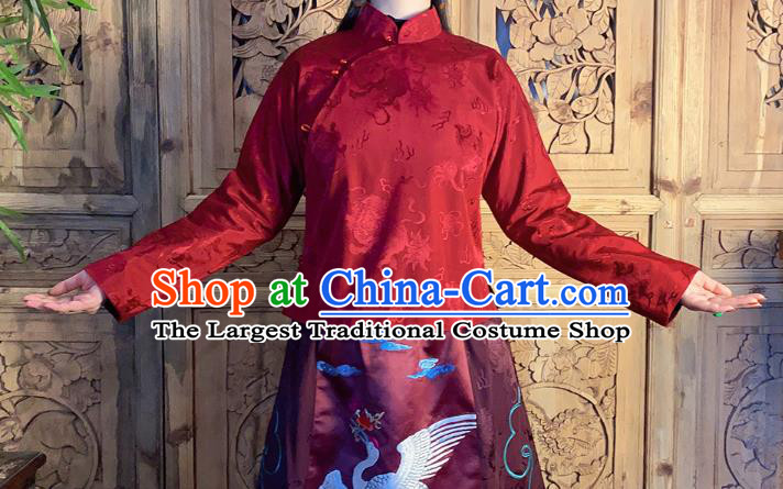 China National Cheongsam Shirt Classical Peony Butterfly Pattern Dark Red Silk Blouse