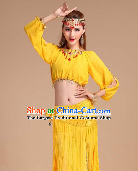 Asian India Folk Dance Clothing Indian Traditional Oriental Dance Belly Dance Yellow Tassel Skirt Outfits