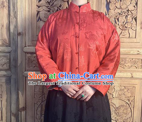 China Classical Lion Pattern Red Silk Blouse National Cheongsam Shirt Upper Outer Garment