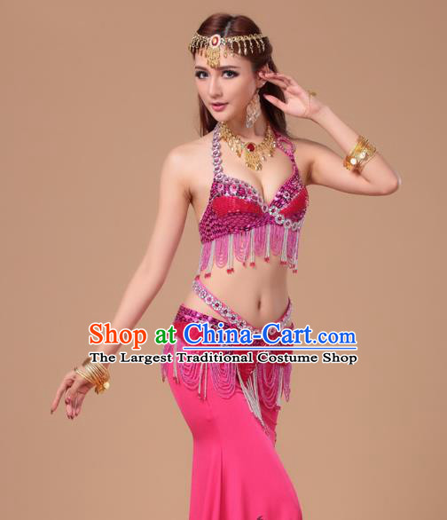 Asian Stage Performance Beads Tassel Uniforms Traditional Oriental Dance Rosy Bra and Skirt Indian Belly Dance Clothing