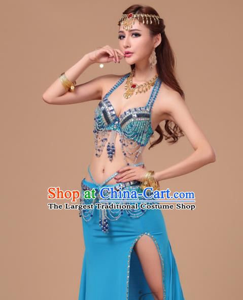 Top Belly Dance Clothing Asian Indian Oriental Dance Blue Uniforms Traditional Stage Performance Bra and Skirt