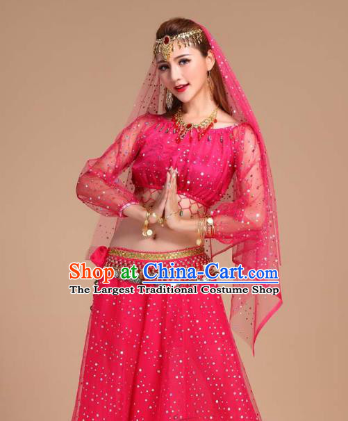 Indian Traditional Court Stage Performance Rosy Skirt Outfits Asian India Folk Dance Clothing