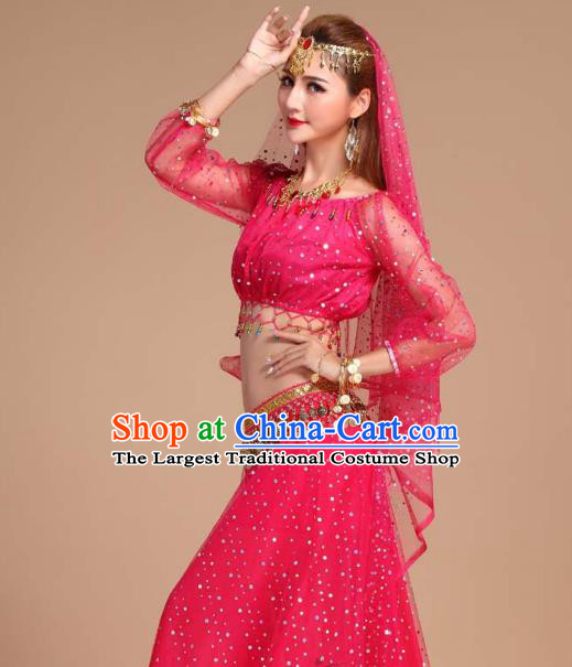 Indian Traditional Court Stage Performance Rosy Skirt Outfits Asian India Folk Dance Clothing