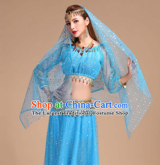 Indian Belly Dance Blue Skirt Outfits Asian Traditional Court Stage Performance Dress India Folk Dance Clothing