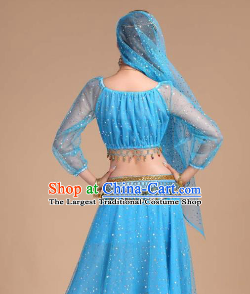 Indian Belly Dance Blue Skirt Outfits Asian Traditional Court Stage Performance Dress India Folk Dance Clothing