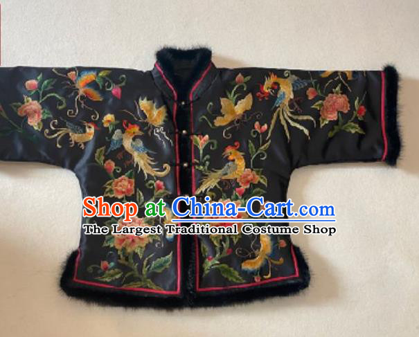Chinese National Navy Silk Coat Classical Embroidered Phoenix Peony Cotton Wadded Jacket Winter Costume