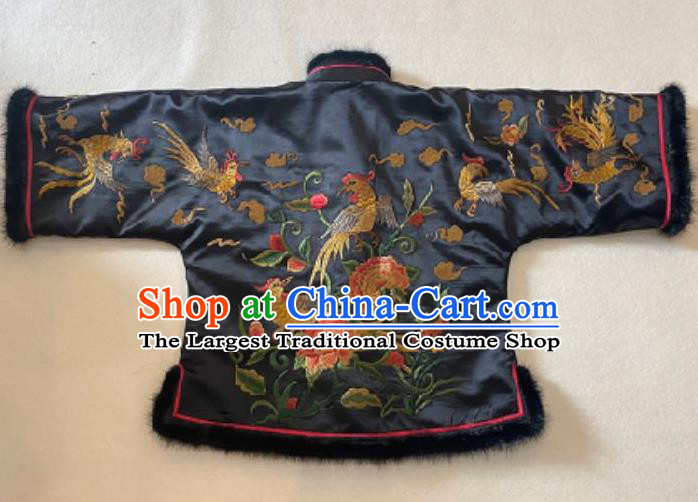 Chinese National Navy Silk Coat Classical Embroidered Phoenix Peony Cotton Wadded Jacket Winter Costume