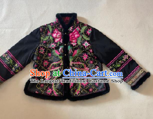 Chinese Classical Embroidered Phoenix Cotton Wadded Jacket Winter Costume National Black Silk Coat