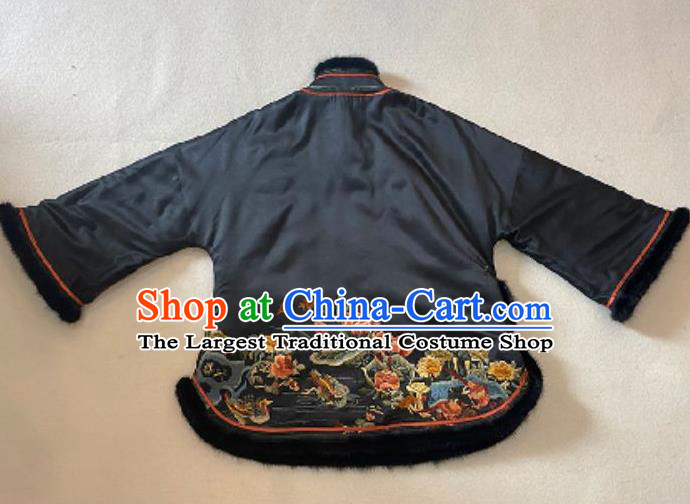 Chinese Classical Embroidered Lotus Jacket Winter Costume National Black Silk Cotton Wadded Coat
